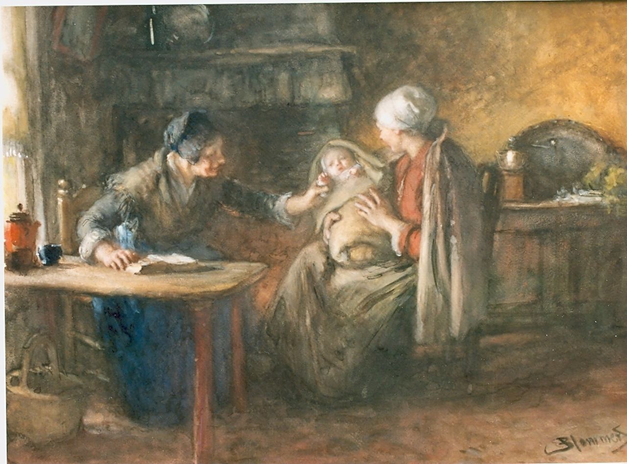 Blommers B.J.  | Bernardus Johannes 'Bernard' Blommers, Nursing the baby, watercolour on paper 56.0 x 75.0 cm, signed l.r.