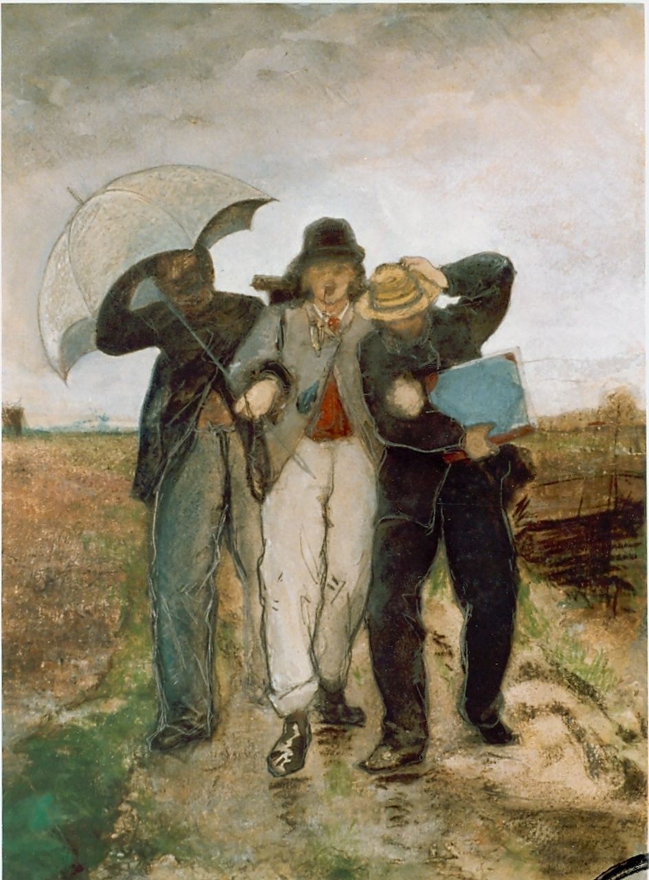 Blommers B.J.  | Bernardus Johannes Blommers, Three painters, watercolour on paper 37.0 x 27.0 cm