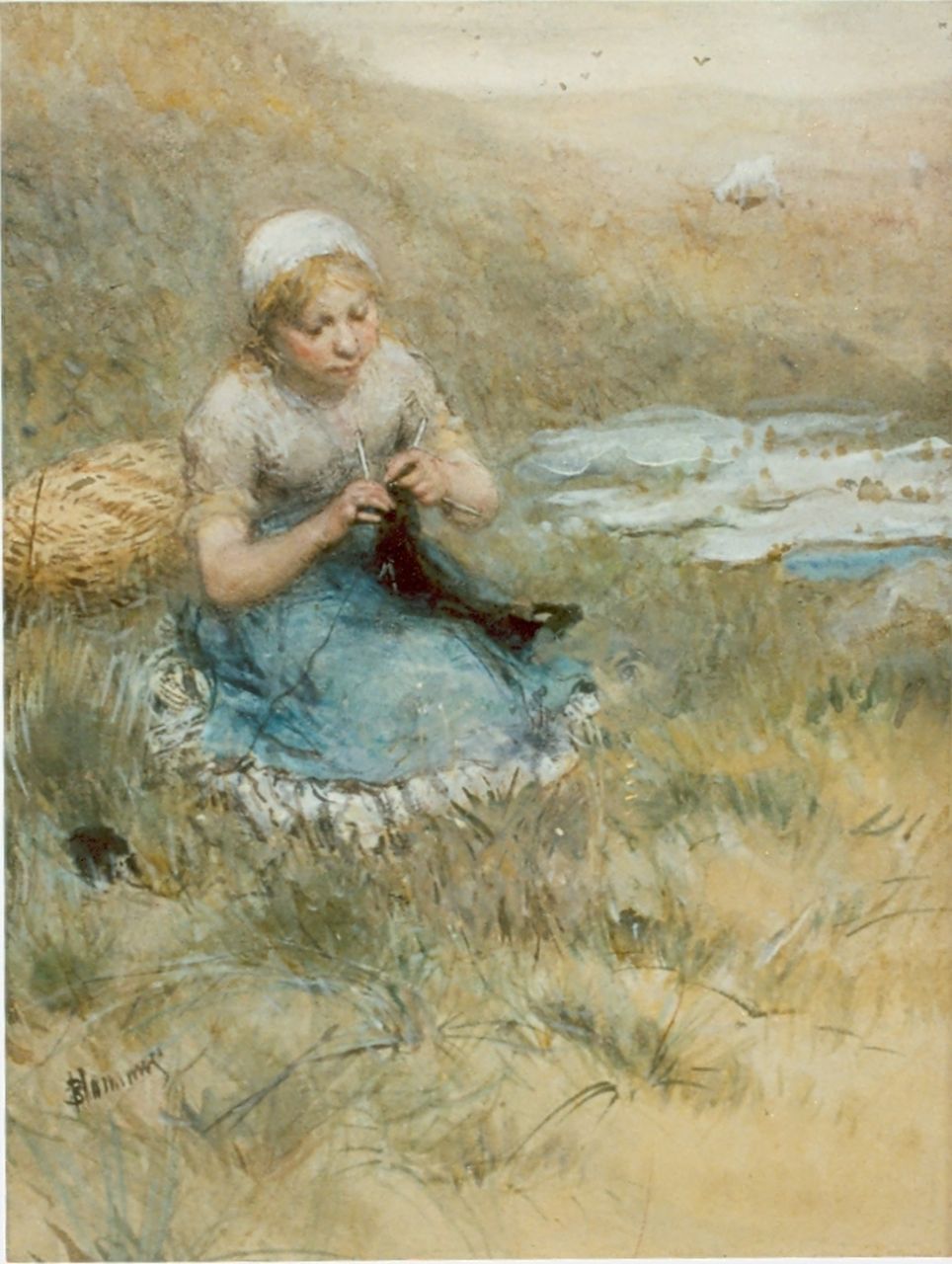 Blommers B.J.  | Bernardus Johannes 'Bernard' Blommers, Girl knitting in the dunes, watercolour on paper 48.3 x 35.5 cm, signed l.l.