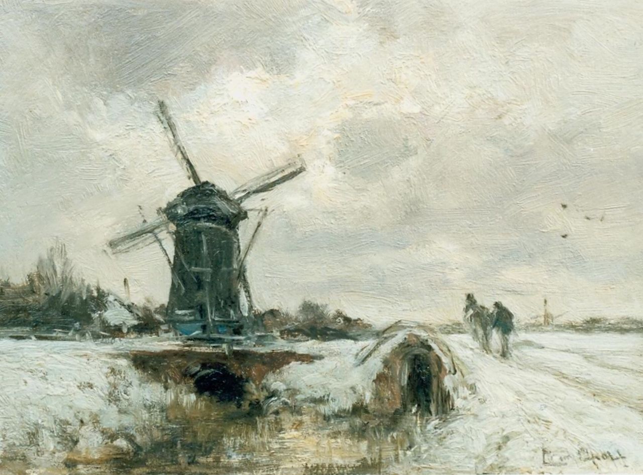 Apol L.F.H.  | Lodewijk Franciscus Hendrik 'Louis' Apol, Winter landscape with a windmill and horse, oil on panel 20.0 x 27.0 cm, signed l.r.