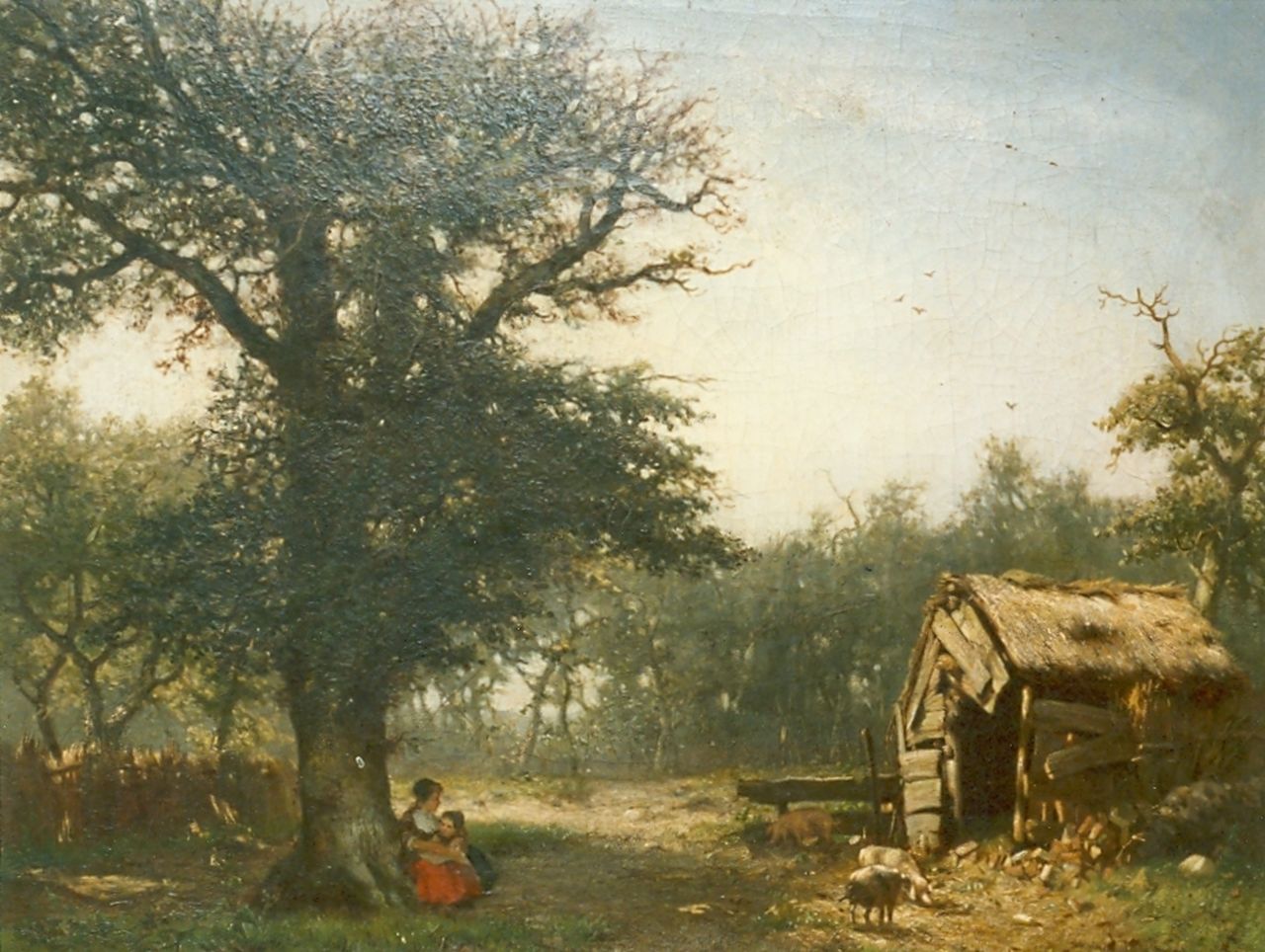 Apol L.F.H.  | Lodewijk Franciscus Hendrik 'Louis' Apol, Mother and child in a landscape, oil on panel, signed l.l.