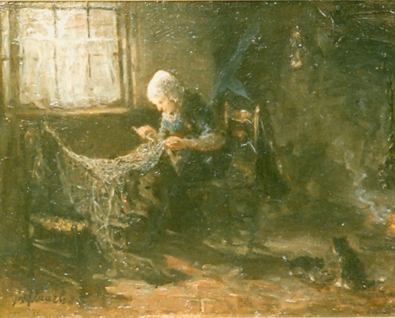 Israëls J.  | Jozef Israëls, Mending nets, oil on panel 32.9 x 44.2 cm, signed l.l.