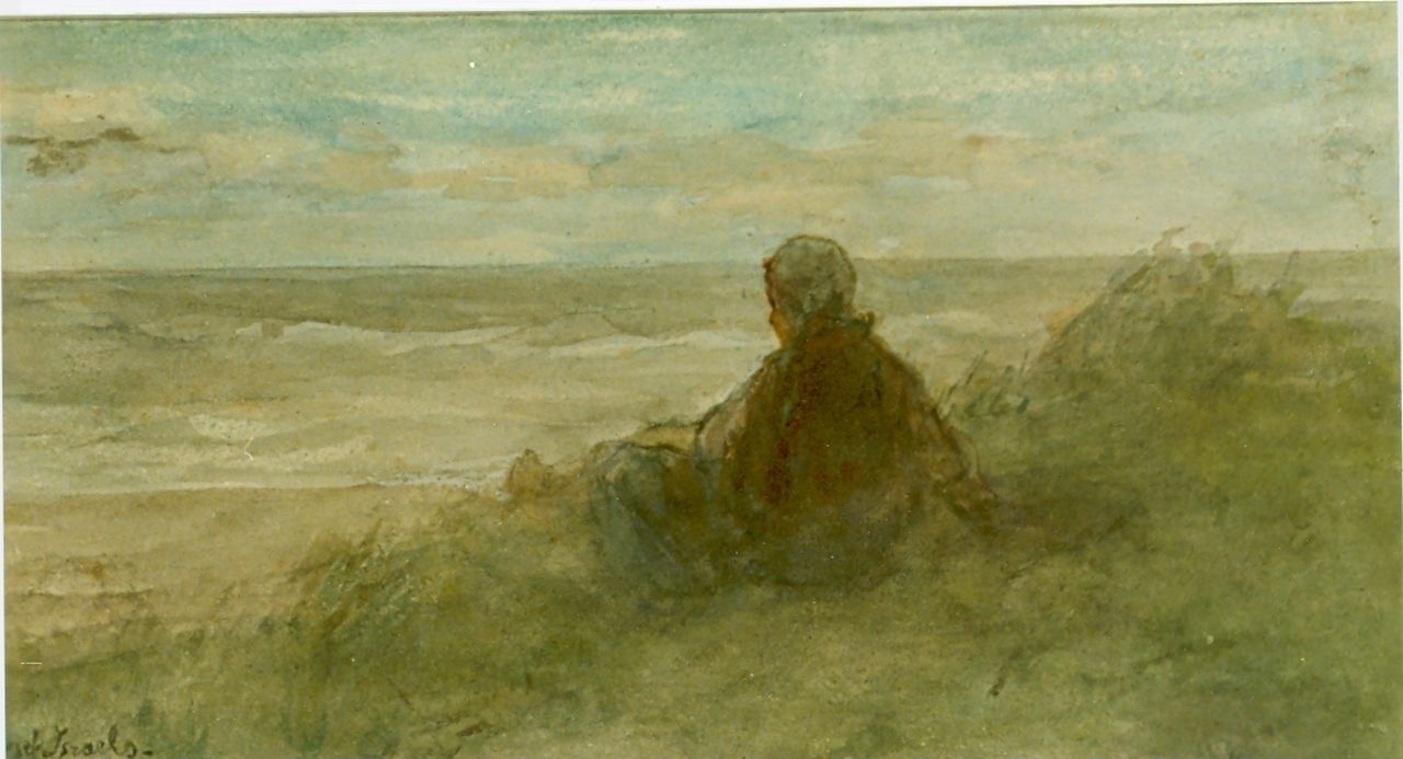Israëls J.  | Jozef Israëls, A girl in the dunes, watercolour on paper 17.0 x 31.0 cm, signed l.l.