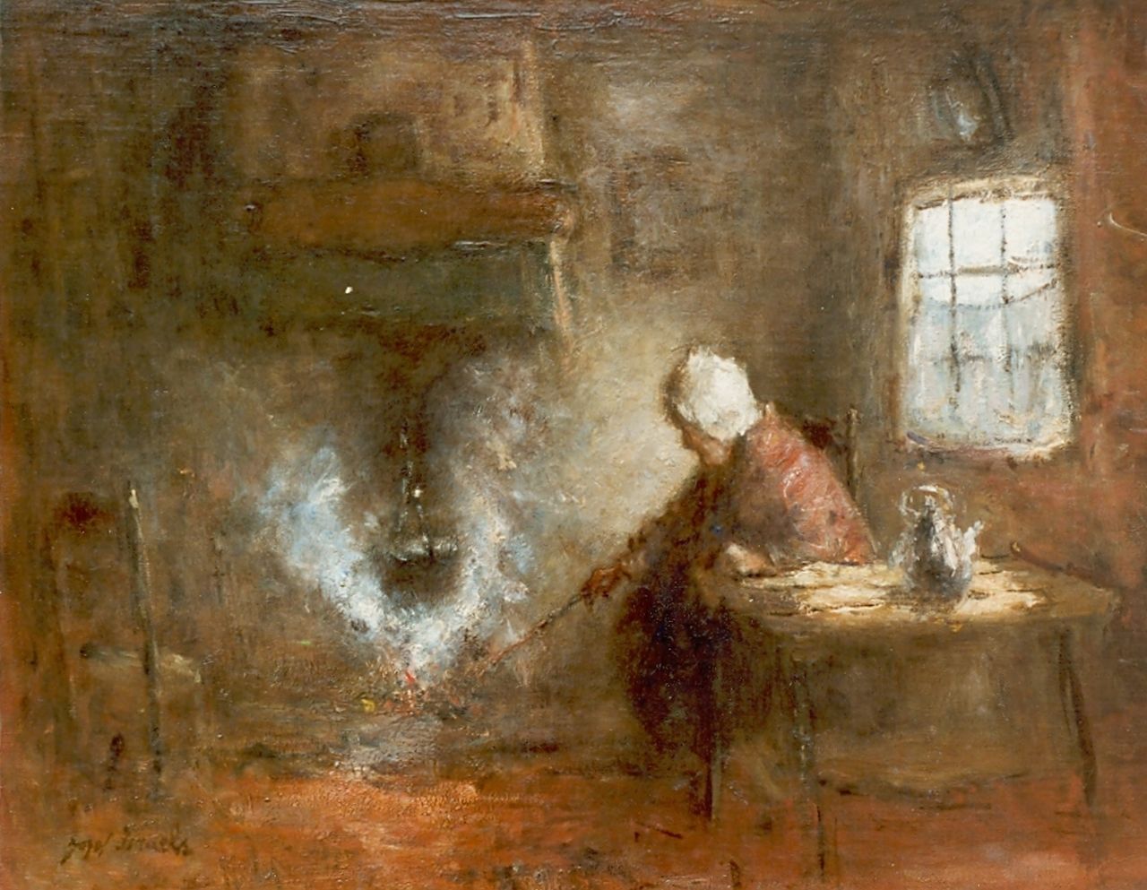 Israëls J.  | Jozef Israëls, Preparing dinner, oil on canvas 43.0 x 53.0 cm, signed l.l.