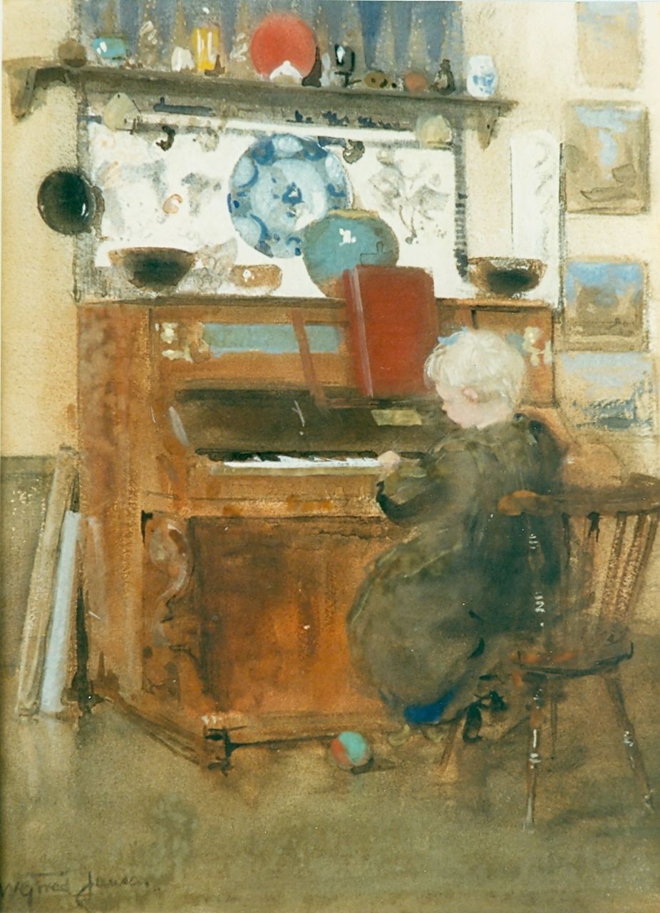 Jansen W.G.F.  | 'Willem' George Frederik Jansen, Girl playing the piano, watercolour and gouache on paper 34.0 x 25.0 cm, signed l.l.