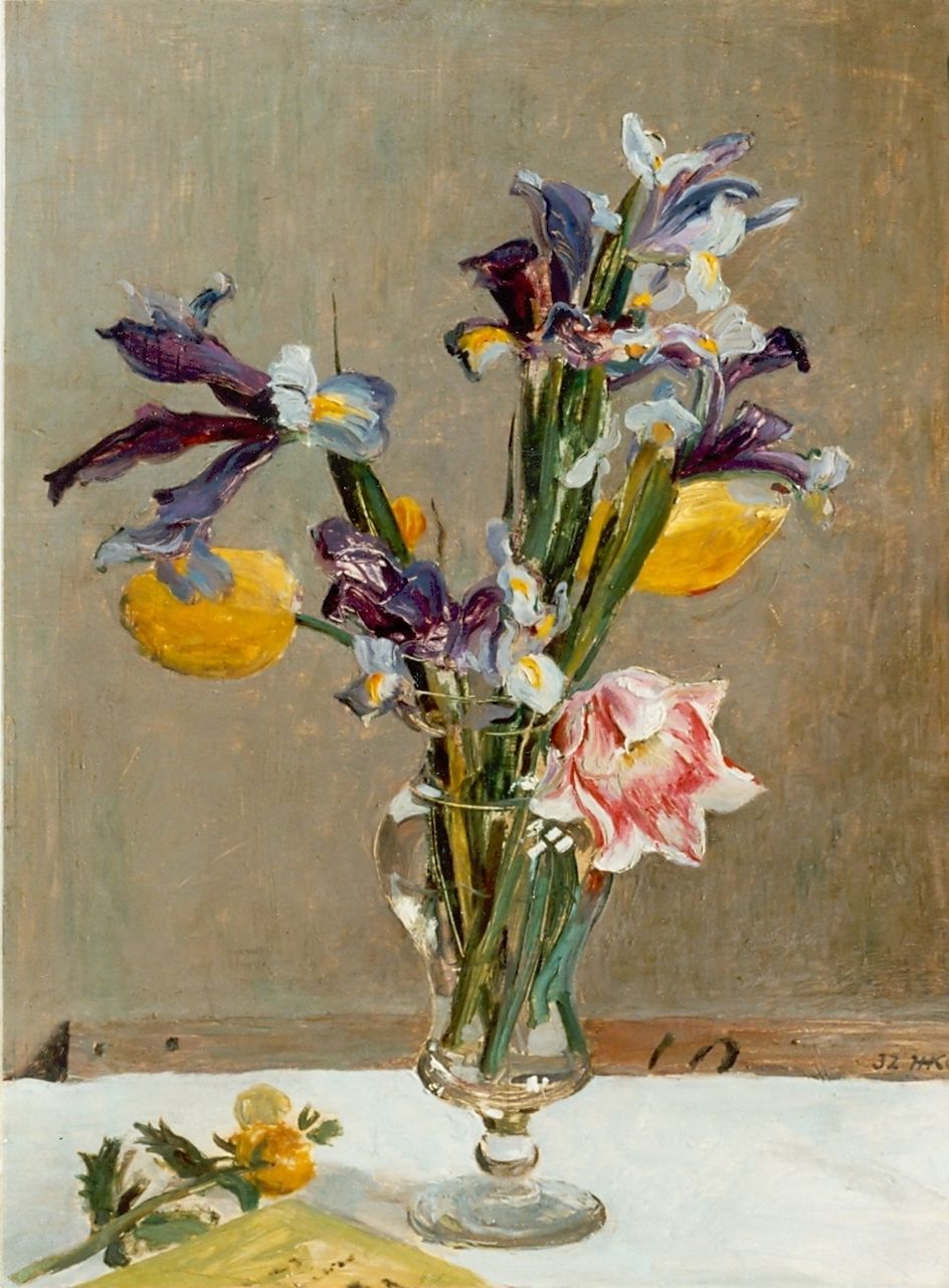 Kamerlingh Onnes H.H.  | 'Harm' Henrick Kamerlingh Onnes, A flower still life, oil on panel 45.5 x 34.2 cm, signed monogram l.r. and dated '32
