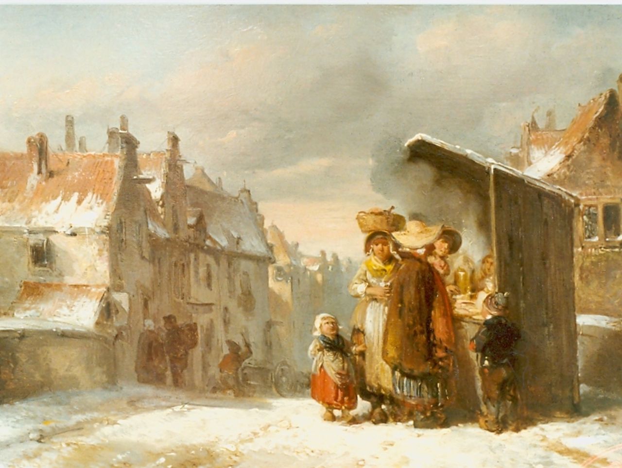 Kate H.F.C. ten | 'Herman' Frederik Carel ten Kate, Figures in a snow-covered town, oil on panel 19.5 x 26.3 cm, signed l.l.