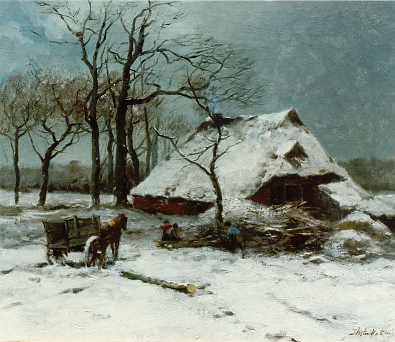 Kate J.M. ten | Johannes Marius ten Kate, Gathering wood in winter, oil on canvas 40.3 x 47.3 cm, signed l.r.