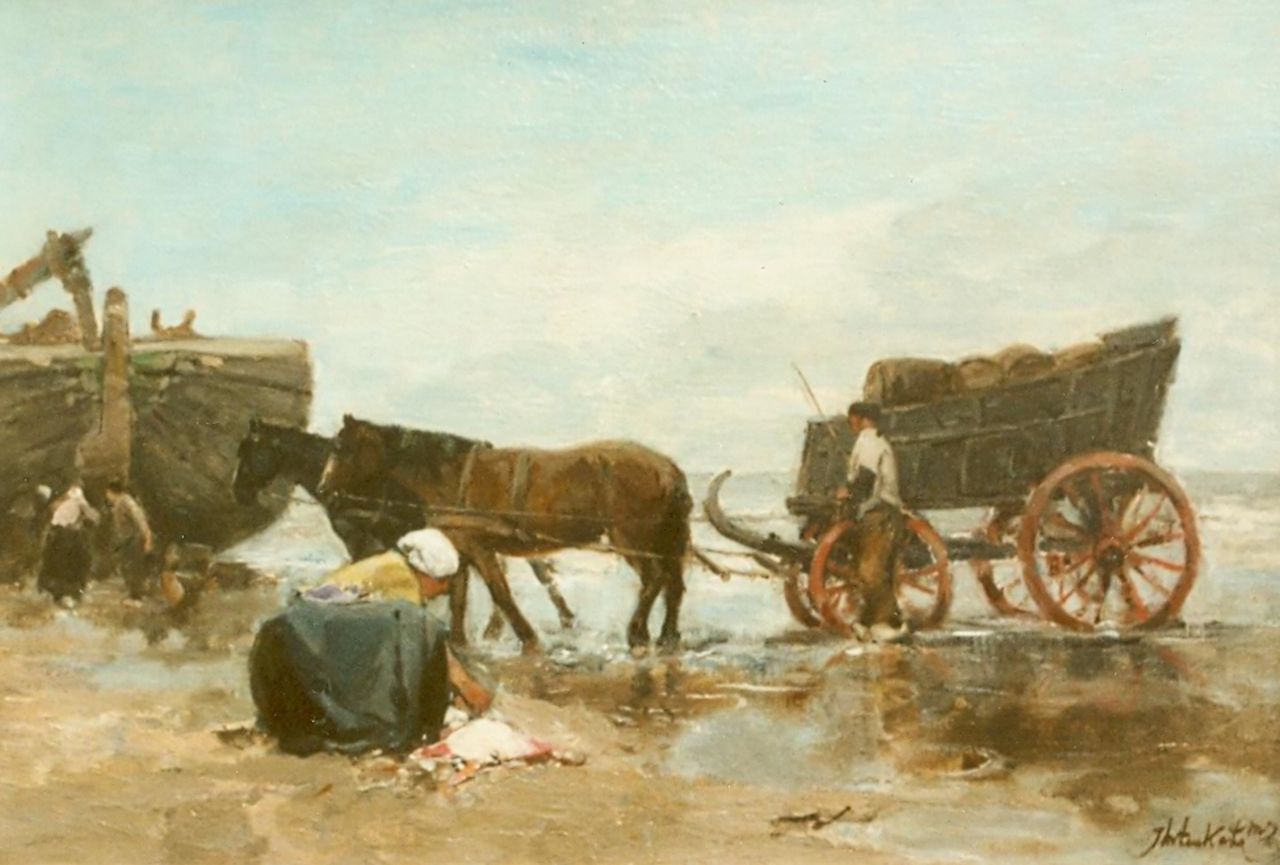 Kate J.M. ten | Johannes Marius ten Kate, Unloading the catch, oil on panel 18.1 x 26.7 cm, signed l.r.
