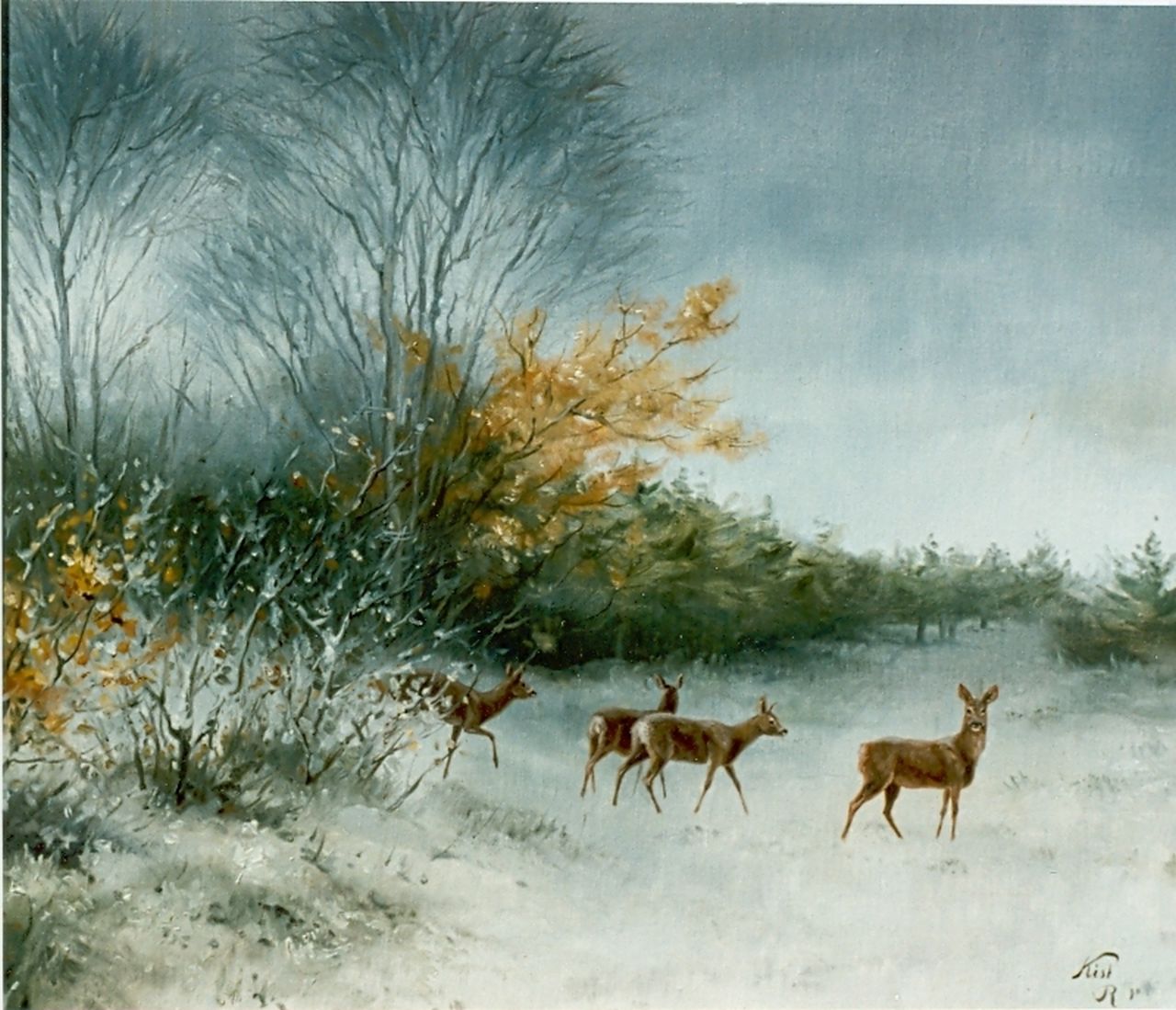 Kiss R.  | Richard Kiss, A winter landscape with deer, oil on canvas laid down on panel 50.0 x 80.0 cm, signed l.l. and dated '90