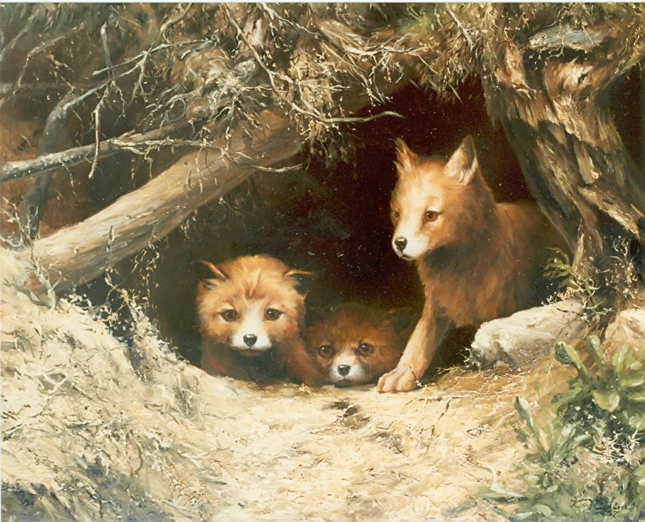 Kiss R.  | Richard Kiss, Foxes in their shelter, oil on canvas laid down on panel 40.5 x 50.5 cm, signed l.r. and dated '87