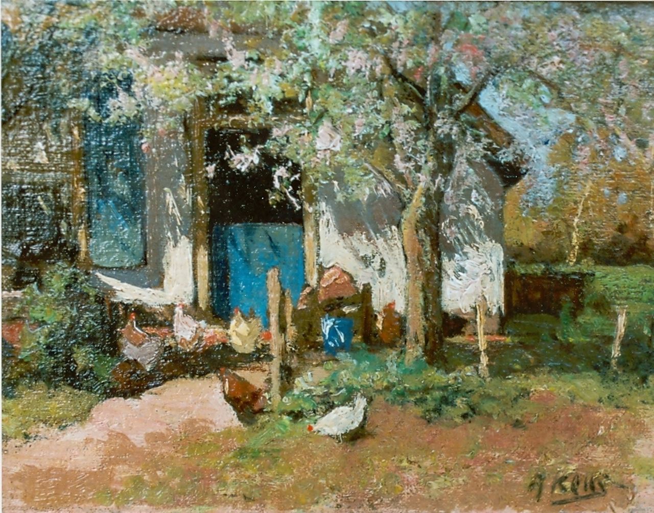 Keus A.  | Adriaan Keus, Chickens on a farmyard, oil on cardboard 17.0 x 21.0 cm, signed l.r.