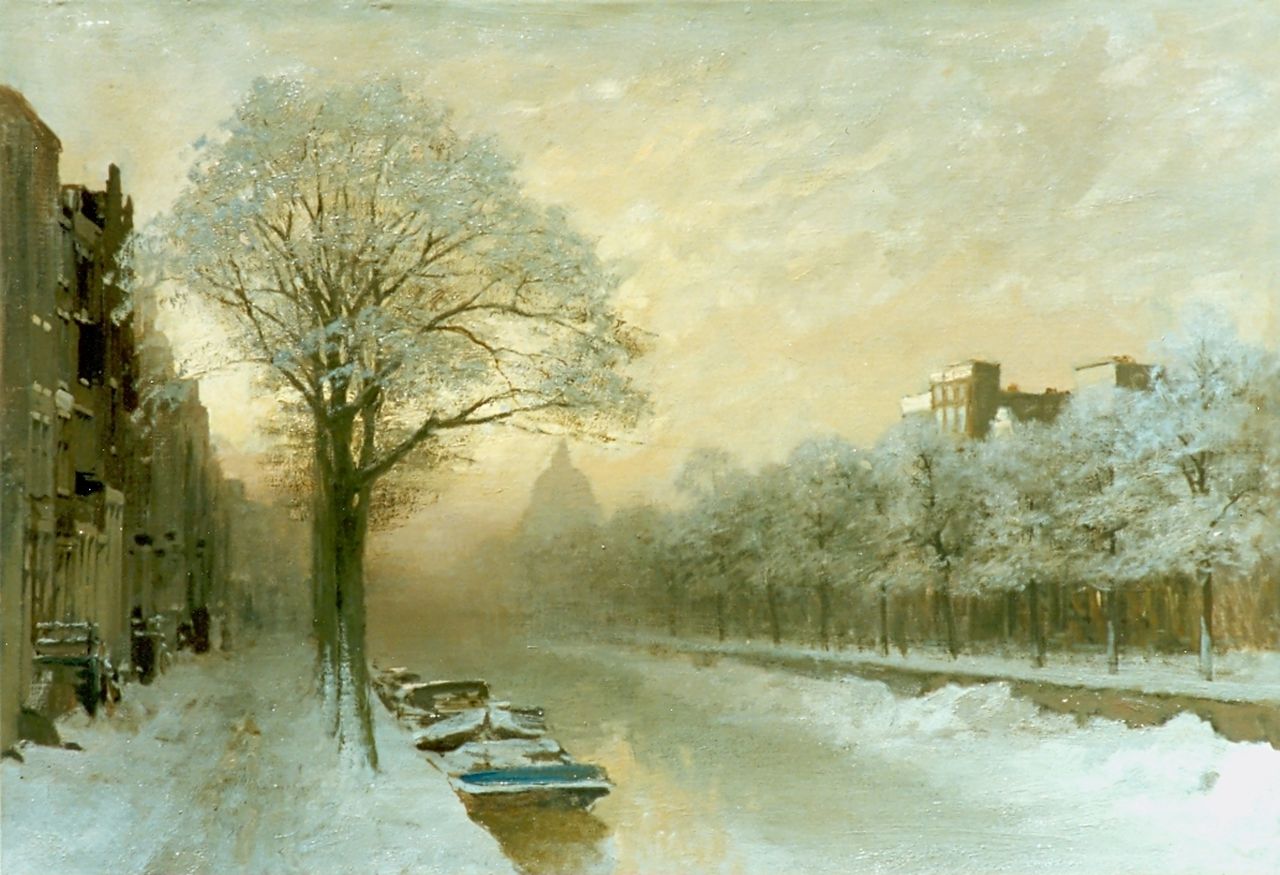 Klinkenberg J.C.K.  | Johannes Christiaan Karel Klinkenberg, A view of the Singel in winter, Amsterdam, oil on canvas 51.0 x 70.0 cm, signed l.r.