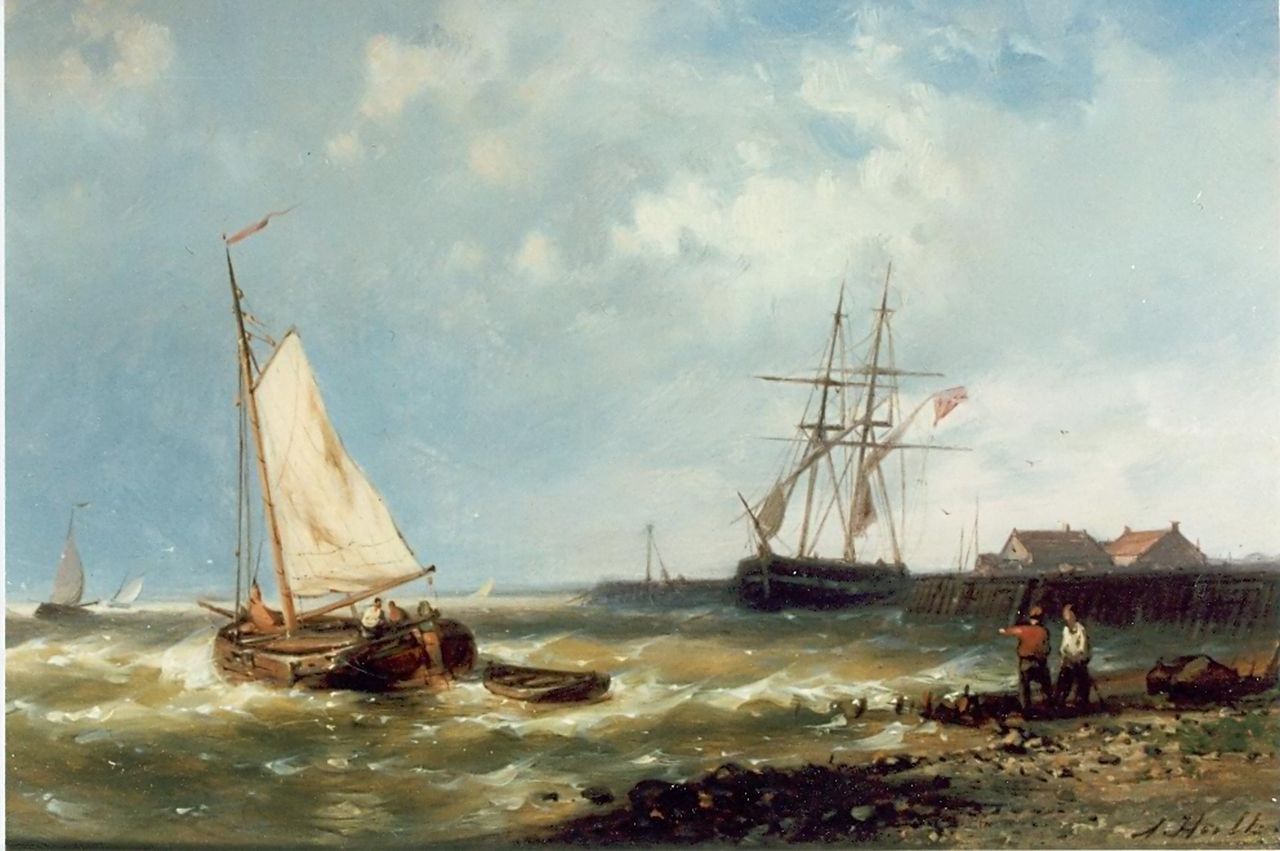 Hulk A.  | Abraham Hulk, Sailing boats near the Dutch coast, oil on panel 17.5 x 25.5 cm, signed l.r.
