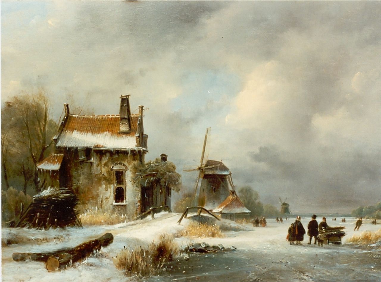 Kleijn L.J.  | Lodewijk Johannes Kleijn, A winter landscape with figures on the ice, oil on panel 31.5 x 43.5 cm, signed l.r.