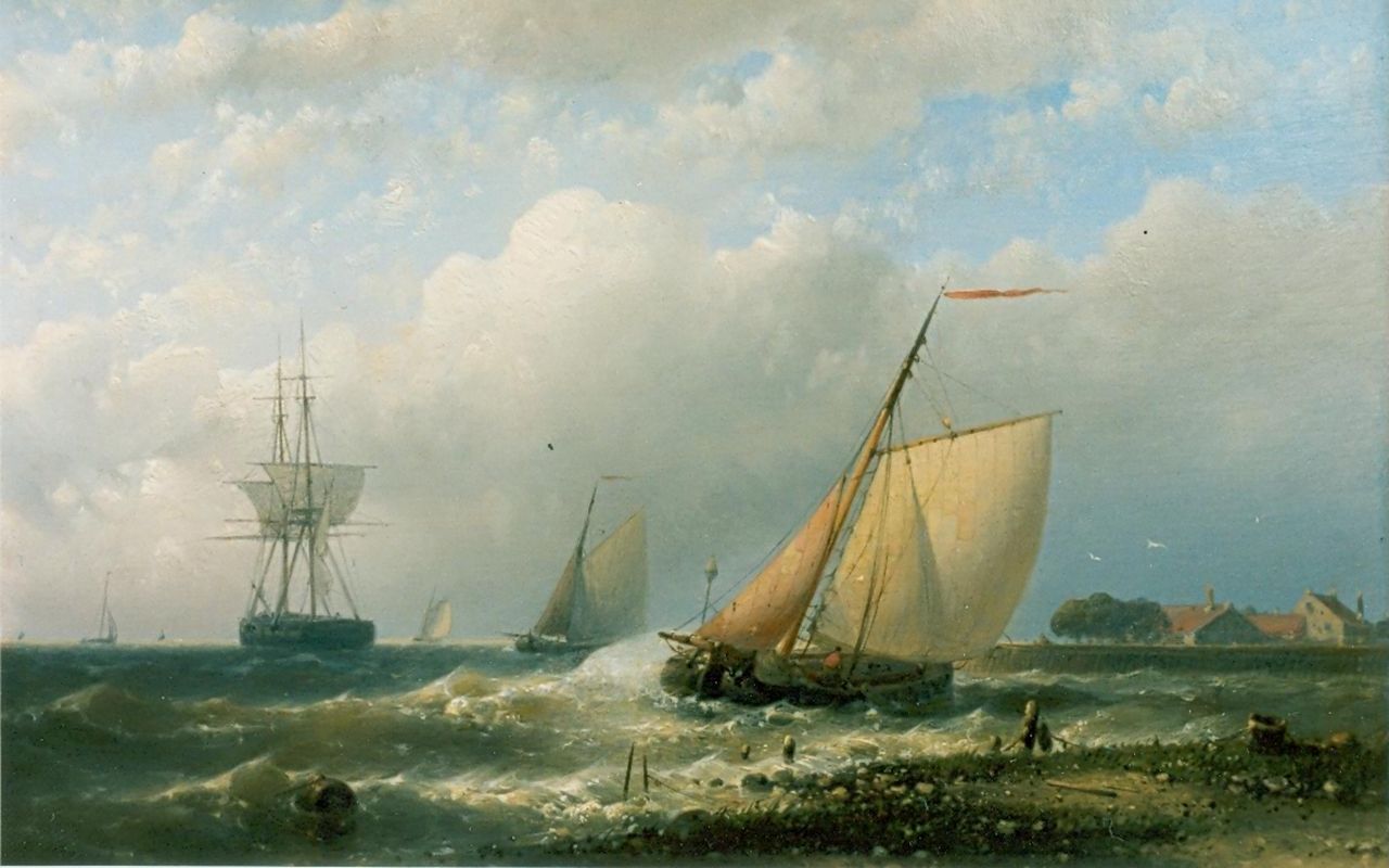 Hulk A.  | Abraham Hulk, A fishing vessel in a stiff breeze, oil on canvas 60.5 x 89.5 cm, signed l.r.