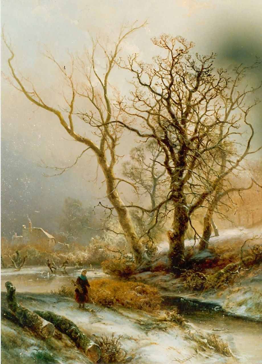Kluyver P.L.F.  | 'Pieter' Lodewijk Francisco Kluyver, A woman on a path in winter, oil on panel 50.0 x 39.5 cm, signed l.c.