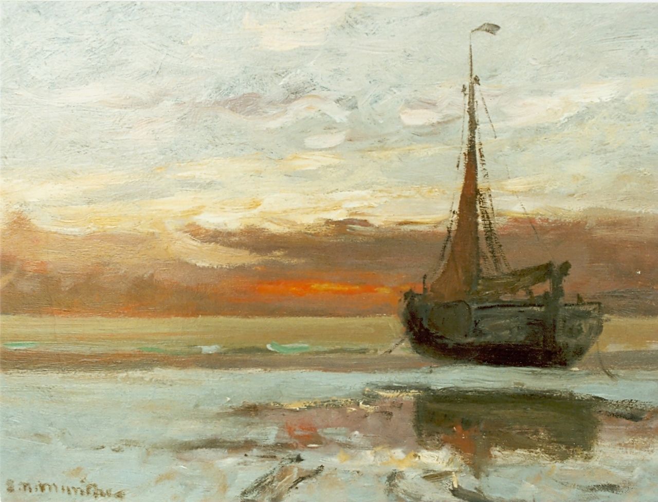 Munthe G.A.L.  | Gerhard Arij Ludwig 'Morgenstjerne' Munthe, A 'bomschuit' on the beach at sunset, oil on canvas 31.0 x 40.3 cm, signed l.l.