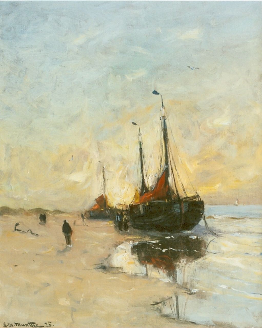 Munthe G.A.L.  | Gerhard Arij Ludwig 'Morgenstjerne' Munthe, 'Bomschuiten' on the beach, oil on canvas 50.5 x 40.5 cm, signed l.l. and dated '25