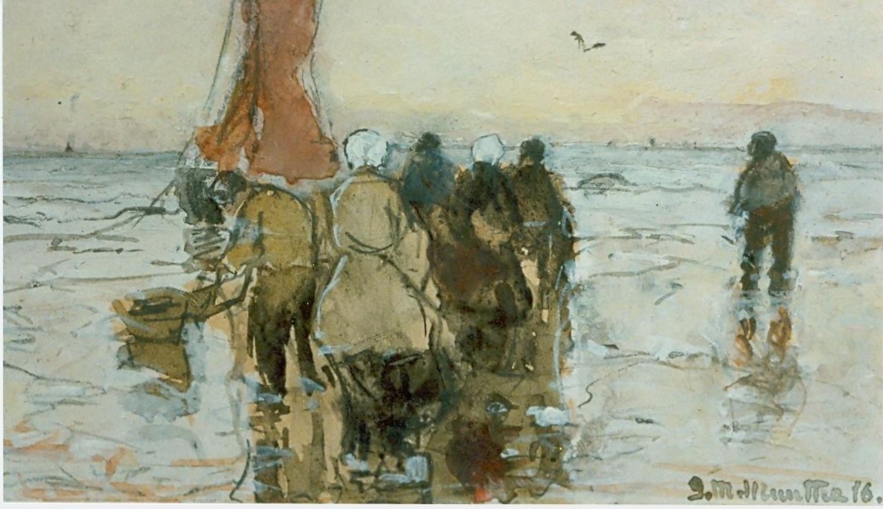 Munthe G.A.L.  | Gerhard Arij Ludwig 'Morgenstjerne' Munthe, Fishermen on the beach, watercolour on paper 6.9 x 10.8 cm, signed l.r. and dated '16