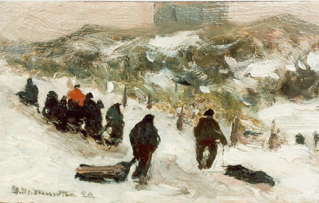 Munthe G.A.L.  | Gerhard Arij Ludwig 'Morgenstjerne' Munthe, Sledging in the dunes of Katwijk, oil on canvas laid down on panel 12.0 x 19.2 cm, signed l.l.