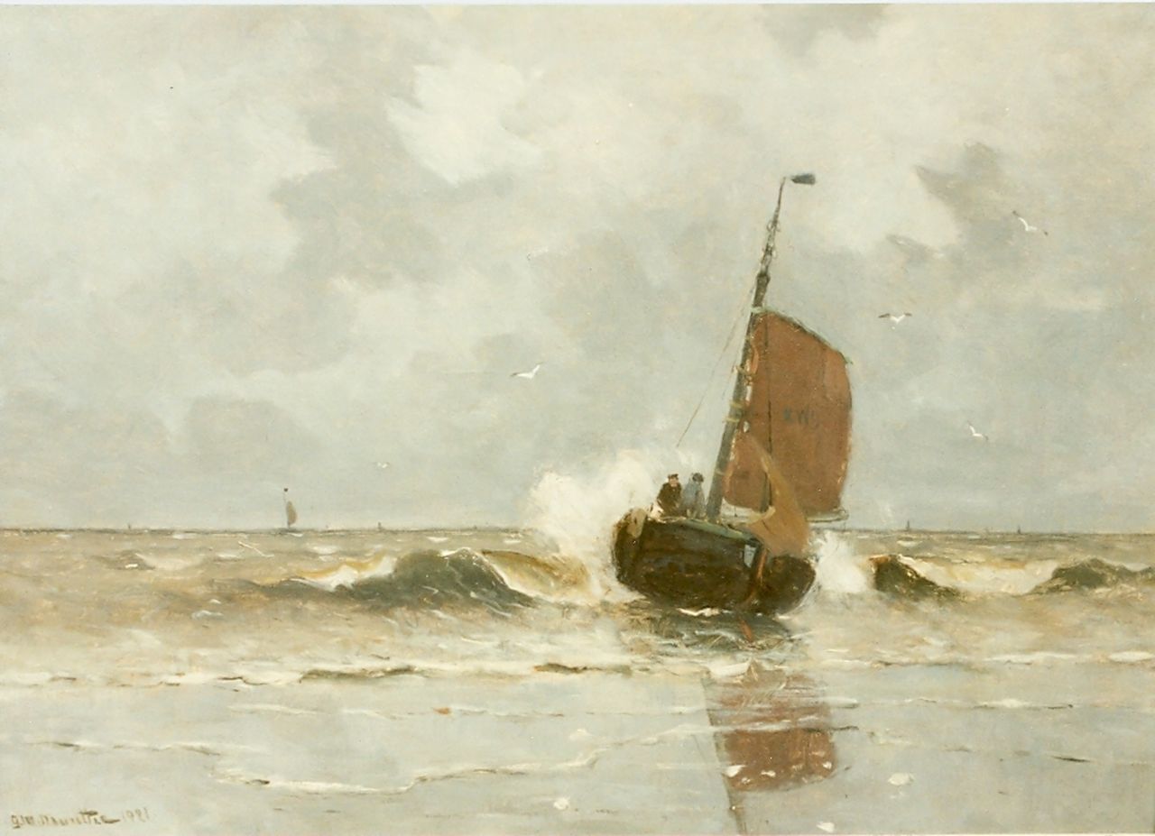 Munthe G.A.L.  | Gerhard Arij Ludwig 'Morgenstjerne' Munthe, Sailing vessel in the surf, oil on canvas 50.0 x 70.0 cm, signed l.l. and dated 1921