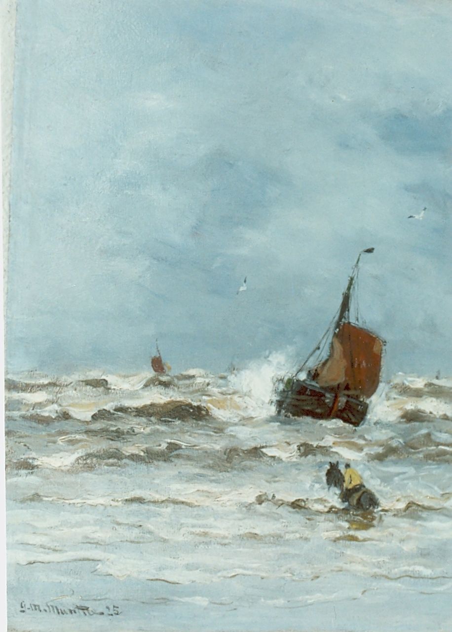Munthe G.A.L.  | Gerhard Arij Ludwig 'Morgenstjerne' Munthe, Fishing boat in the surf, oil on panel 34.5 x 26.2 cm, signed l.l. and dated '25