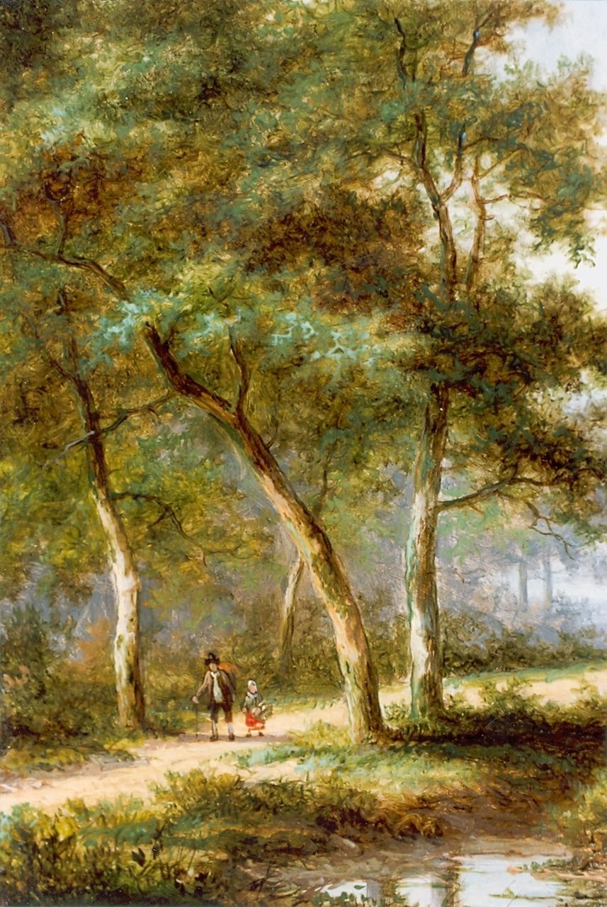 Morel I J.E.  | Jan Evert Morel I, Travellers in a wooded landscape, oil on panel 18.0 x 13.8 cm, signed l.r.