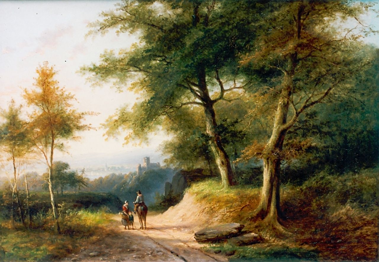 Morel I J.E.  | Jan Evert Morel I, Travellers in a wooded landscape, oil on canvas 36.0 x 52.0 cm, signed l.r.