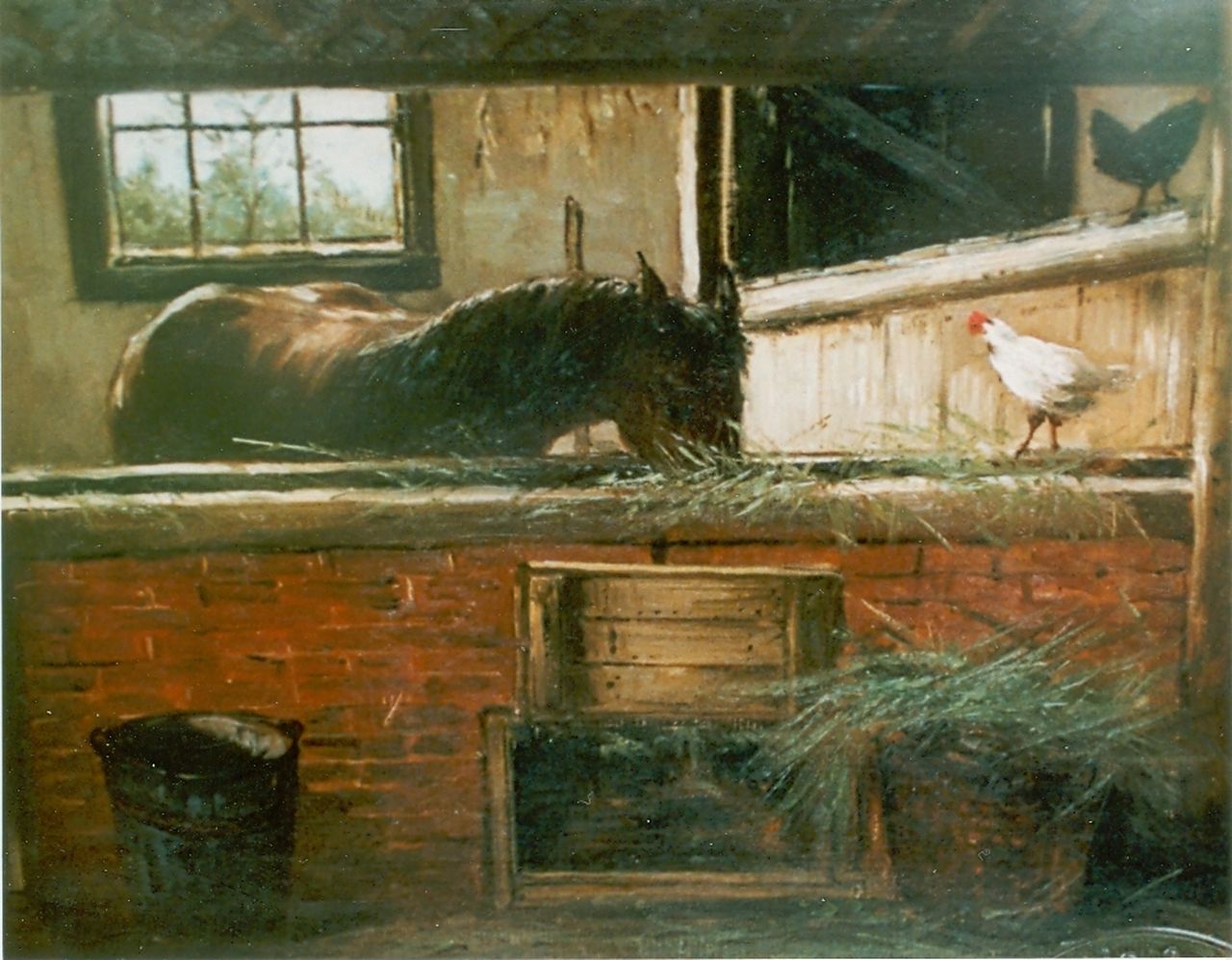 Mesdag H.W.  | Hendrik Willem Mesdag, Horse-stable, oil on canvas laid down on panel 28.2 x 36.0 cm, signed monogram l.l.
