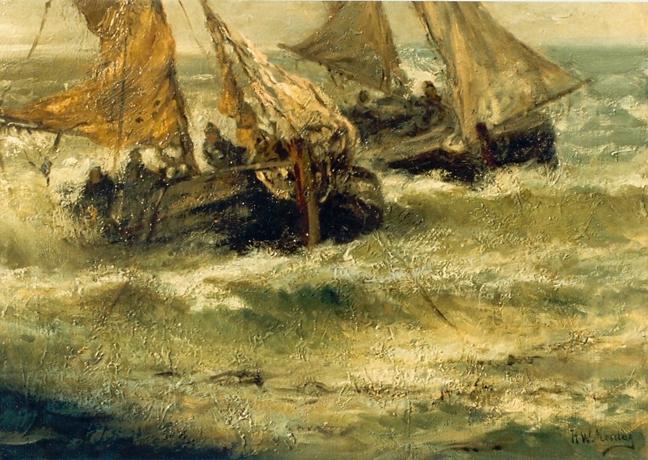 Mesdag H.W.  | Hendrik Willem Mesdag, Fishing boats in full sail, oil on canvas 43.0 x 59.0 cm, signed l.r.