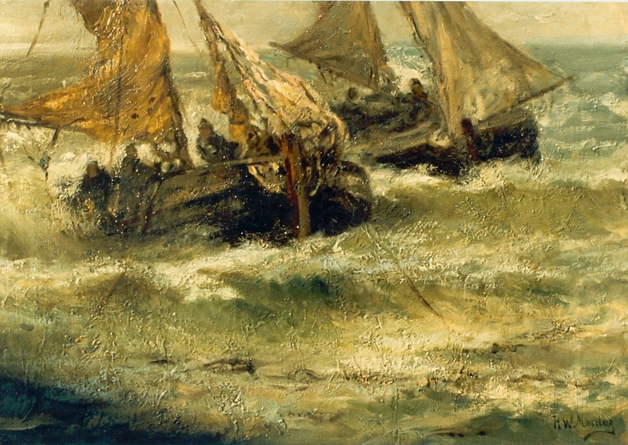 Mesdag H.W.  | Hendrik Willem Mesdag, Fishing boats in full sail, oil on canvas 43.0 x 59.0 cm, signed l.r.