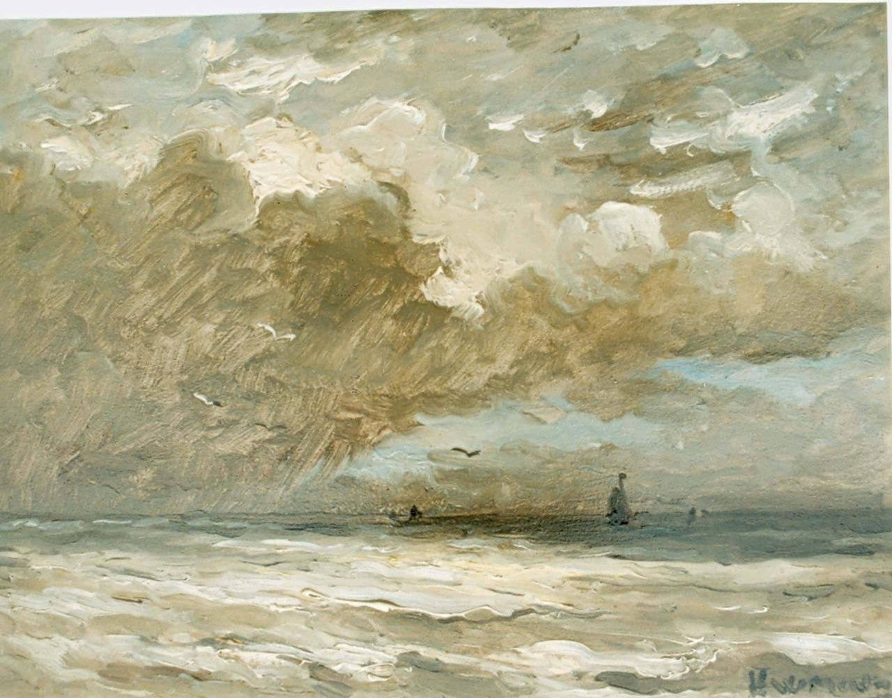 Mesdag H.W.  | Hendrik Willem Mesdag, Sailing boats in a calm, oil on panel 24.7 x 32.0 cm, signed l.r.