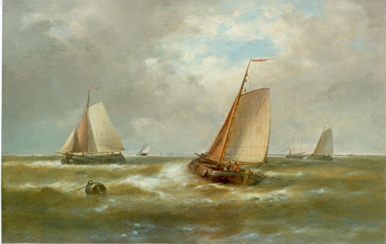 Hulk A.  | Abraham Hulk, Sailing boats leaving  harbour, oil on canvas 39.0 x 59.5 cm, signed l.l.