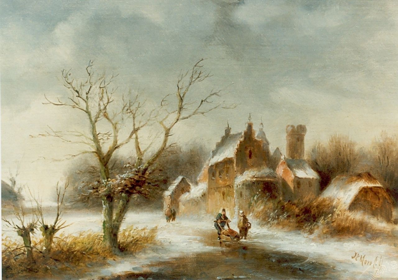Morel II J.E.  | Jan Evert Morel II, A winter landscape, oil on panel 16.0 x 21.4 cm, signed l.r.