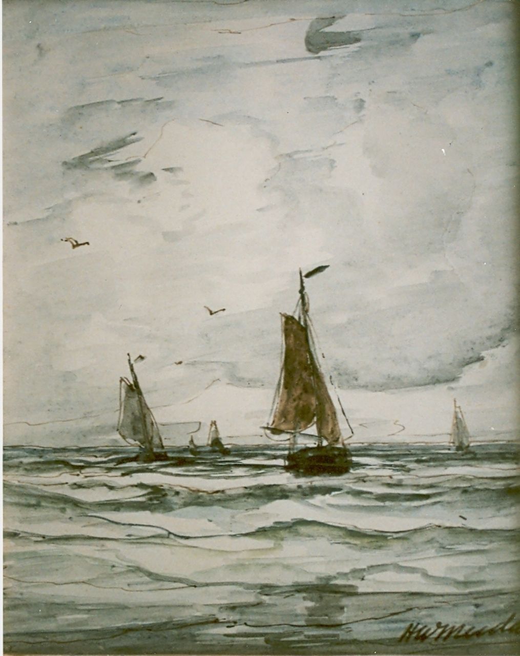 Mesdag H.W.  | Hendrik Willem Mesdag, Sailing vessels in full sail, watercolour on paper 17.8 x 14.6 cm, signed l.r.