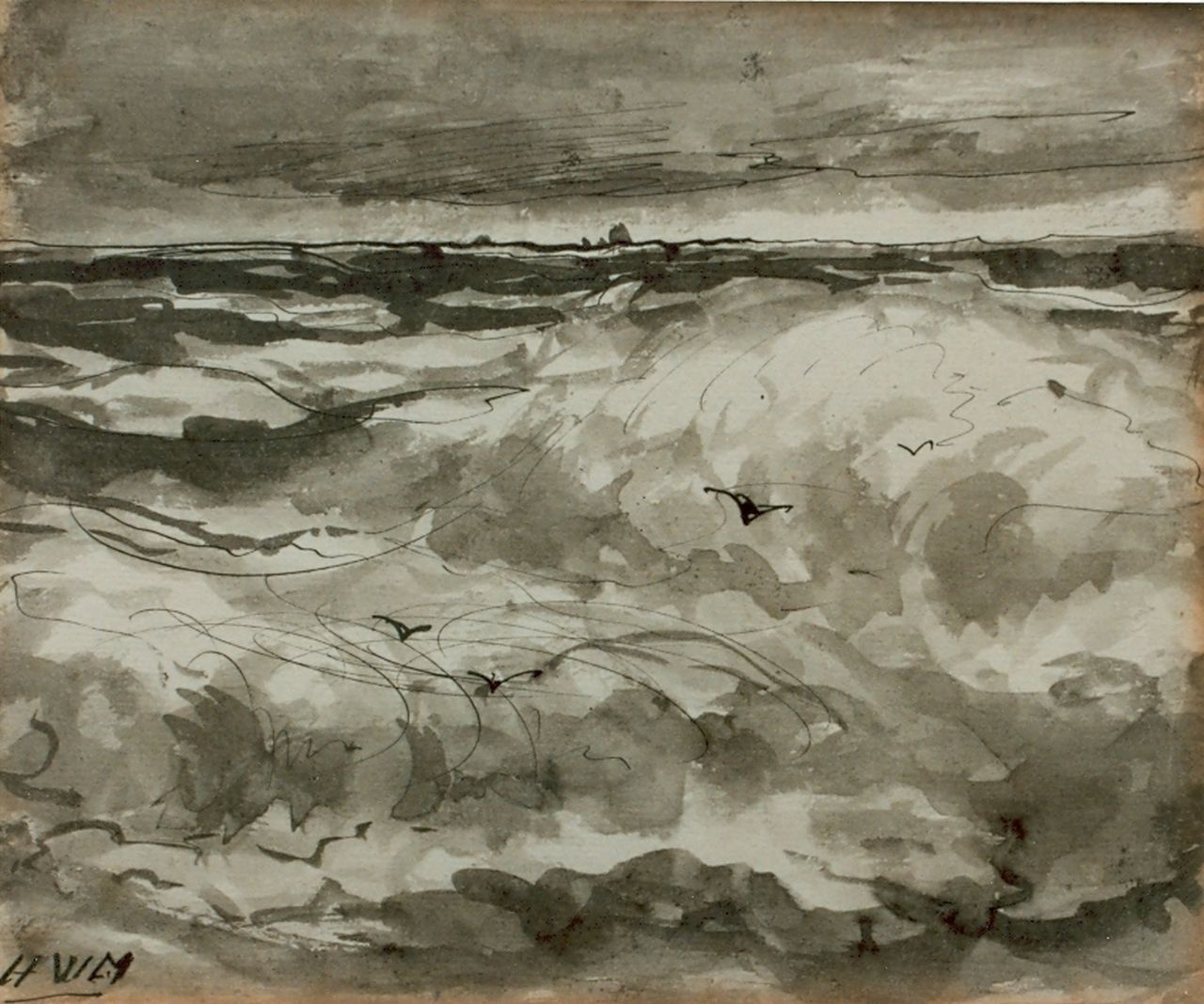 Mesdag H.W.  | Hendrik Willem Mesdag, Seascape, pen and ink on paper 15.7 x 18.8 cm, signed l.l. with monogram