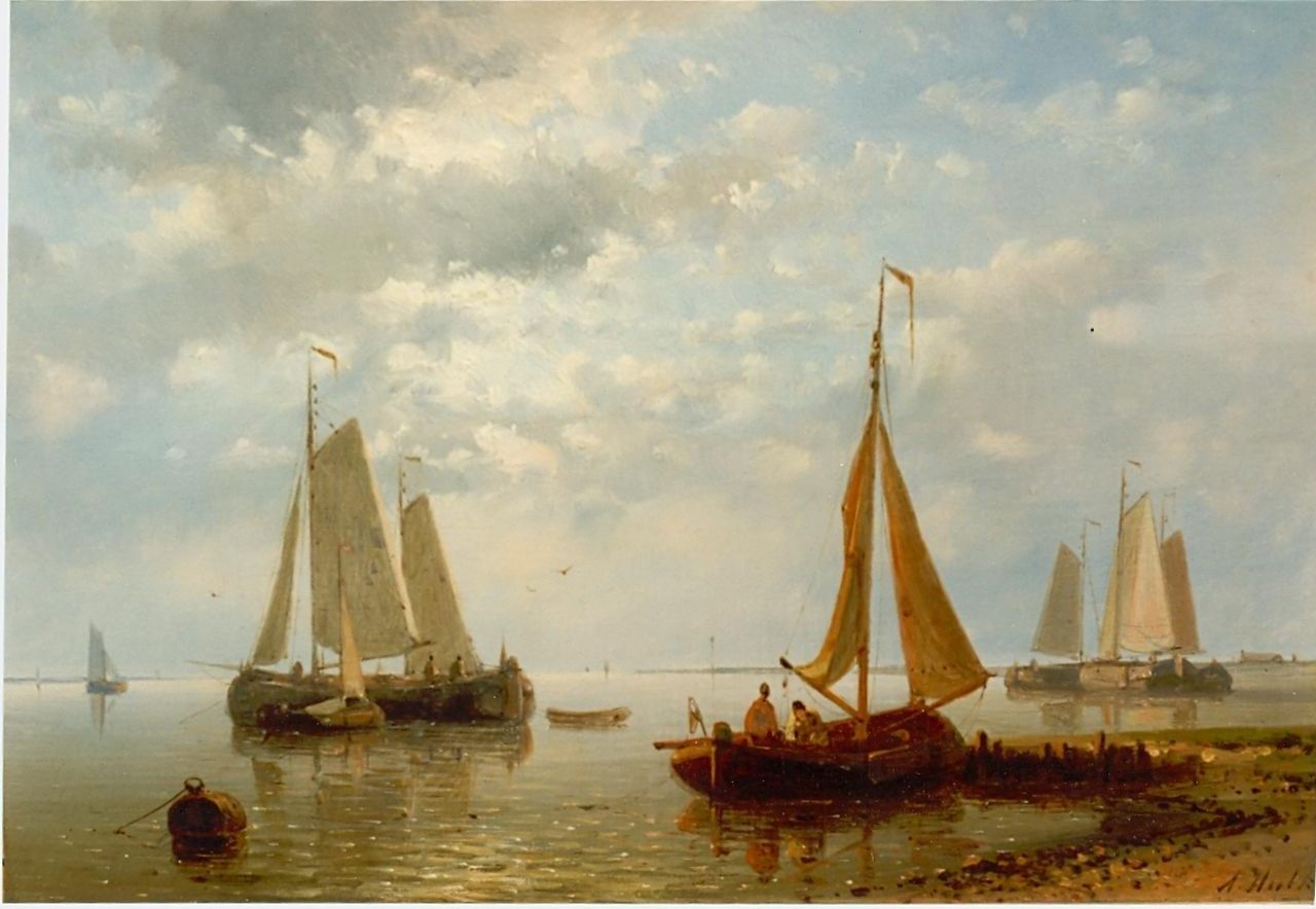 Hulk A.  | Abraham Hulk, Sailing boats in an estuary, oil on panel 17.3 x 25.4 cm, signed l.r.