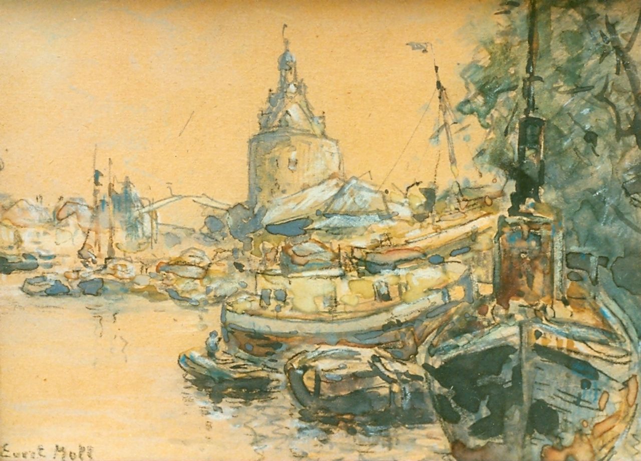 Moll E.  | Evert Moll, A view of the harbour of Enkhuizen, watercolour on paper 11.5 x 17.0 cm, signed l.l.