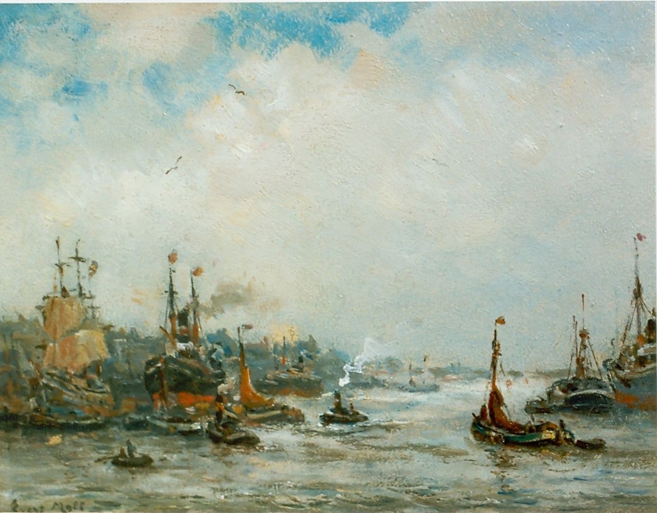 Moll E.  | Evert Moll, The harbour of Rotterdam, oil on board 19.5 x 25.1 cm, signed l.l.