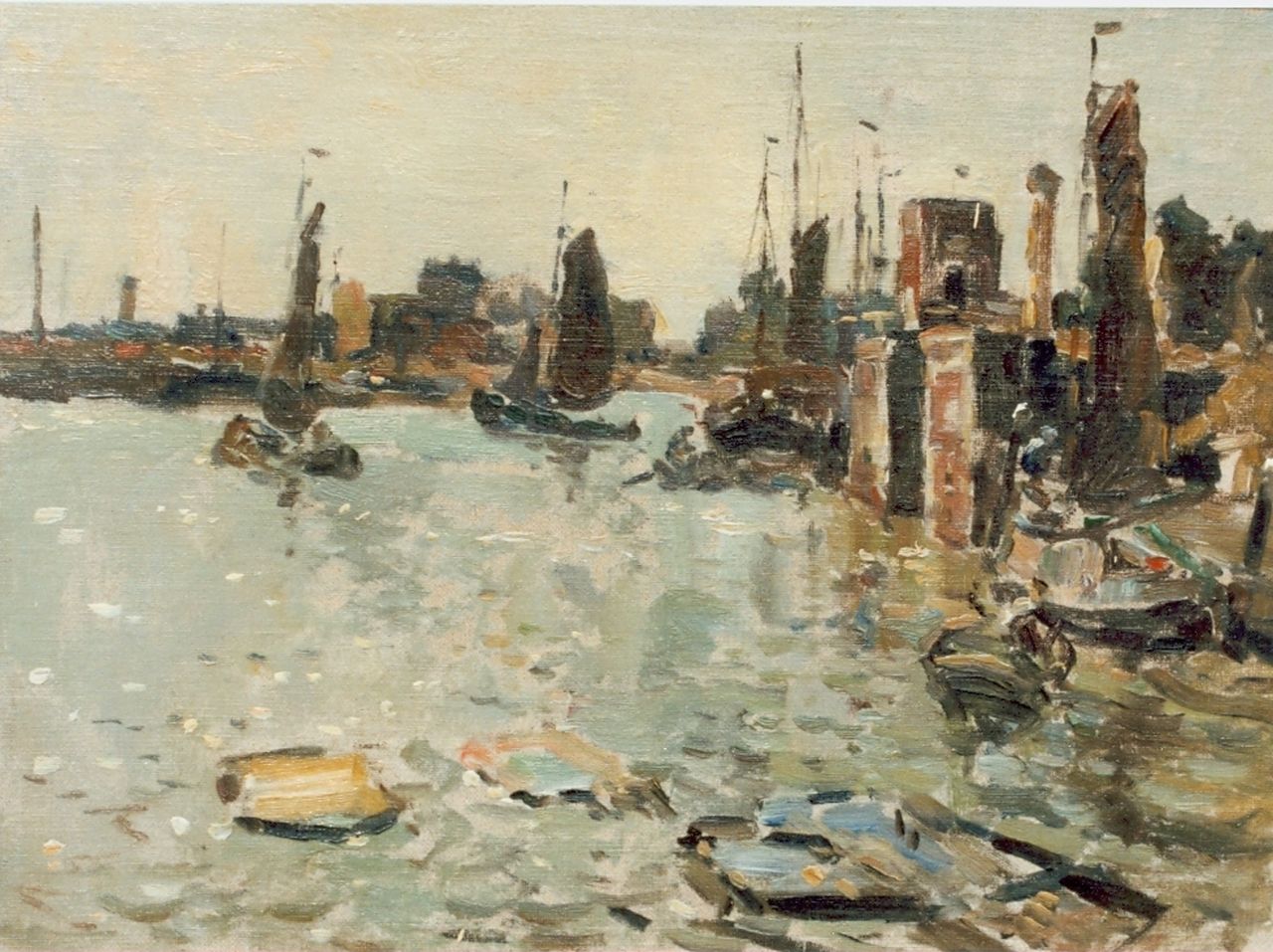 Moll E.  | Evert Moll, Harbour view, oil on canvas laid down on panel 32.5 x 44.0 cm