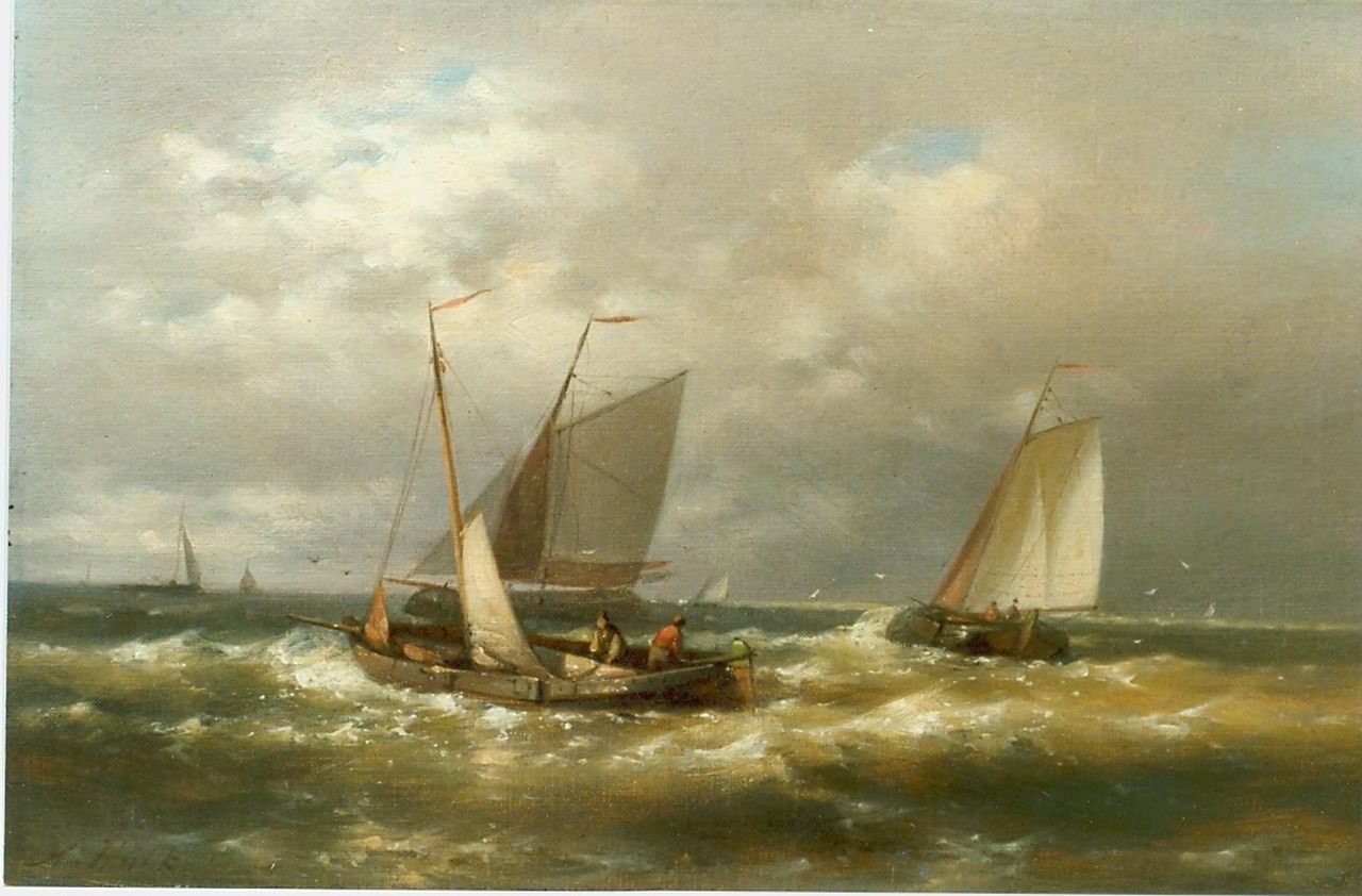 Hulk A.  | Abraham Hulk, Sailing boats in choppy waters, oil on canvas 20.2 x 30.6 cm, signed l.l.