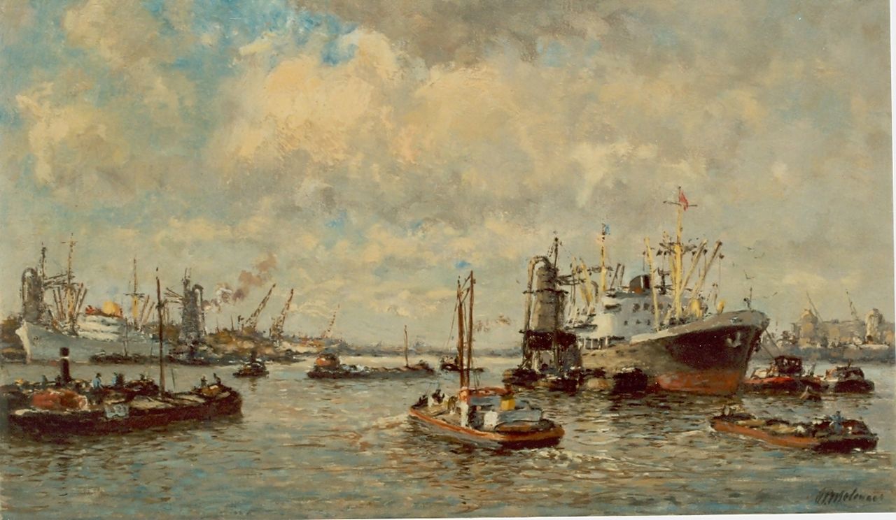 Molenaar J.P.  | Johannes Petrus 'Joop' Molenaar, Moored boats in the harbour of Rotterdam, oil on canvas 29.5 x 50.6 cm, signed l.r.