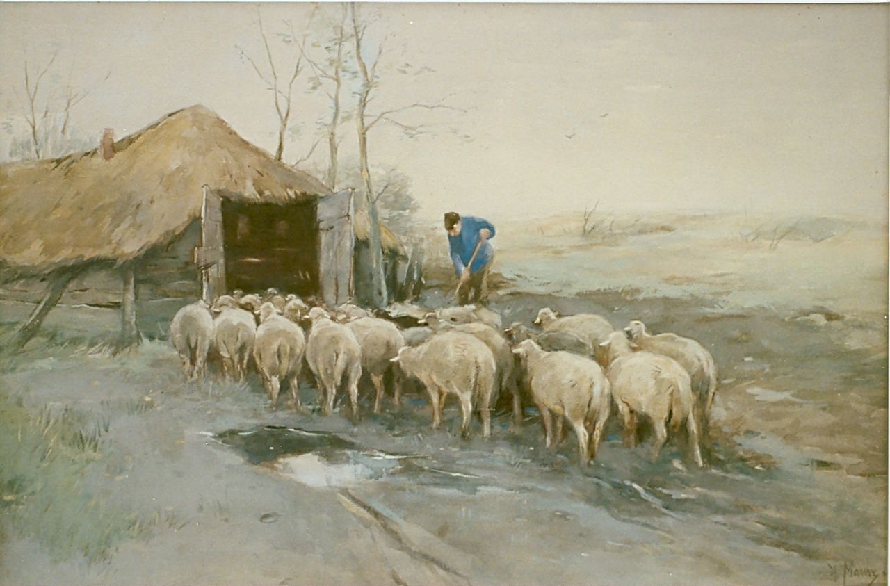 Mauve A.  | Anthonij 'Anton' Mauve, Sheepfold returning, watercolour on paper 38.0 x 56.0 cm, signed l.r.