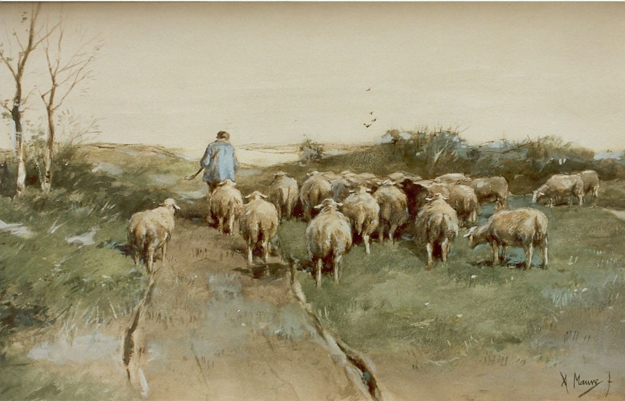 Mauve A.  | Anthonij 'Anton' Mauve, A shepherd and his flock, watercolour on paper 31.5 x 52.0 cm, signed l.r.