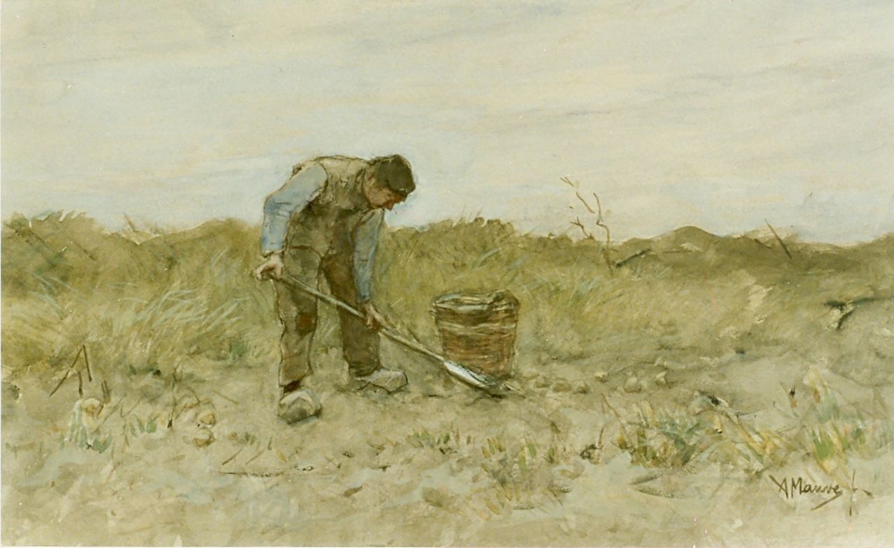 Mauve A.  | Anthonij 'Anton' Mauve, A farmer digging  potatoes, watercolour on paper 27.5 x 45.0 cm, signed l.r.