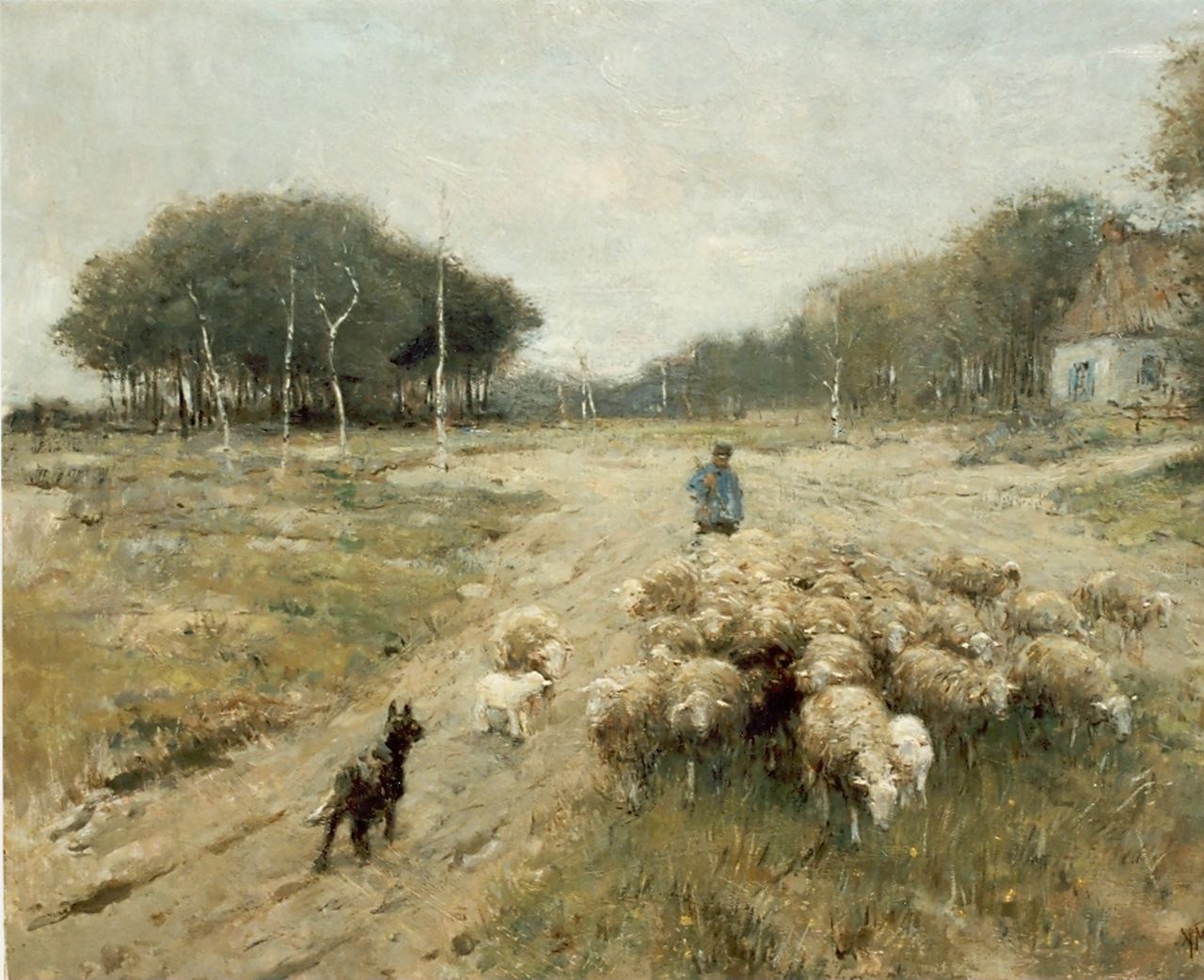 Mauve A.  | Anthonij 'Anton' Mauve, A shepherd and his flock, oil on canvas 60.5 x 80.2 cm, signed l.r.