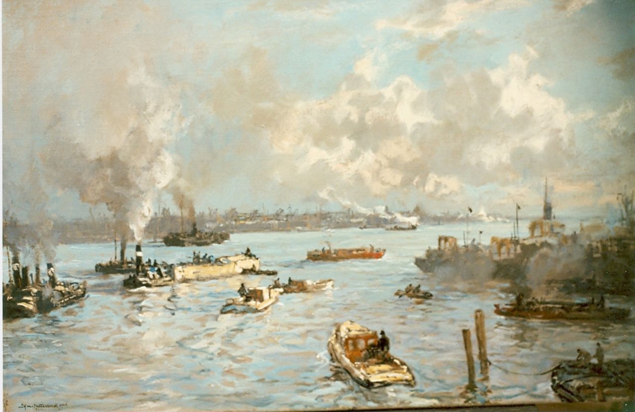 Mastenbroek J.H. van | Johan Hendrik van Mastenbroek, The harbour of Rotterdam, oil on canvas 'cirage' 47.7 x 71.7 cm, signed l.l. and dated 1928