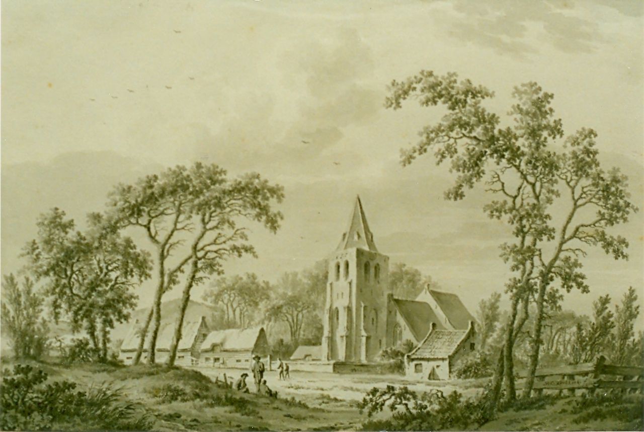 Koekkoek B.C.  | Barend Cornelis Koekkoek, A village, sepia on paper 19.5 x 28.5 cm, signed l.r.