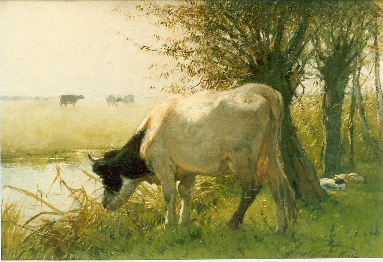 Maris W.  | Willem Maris, Watering cow, oil on panel 17.5 x 25.7 cm, signed l.r.